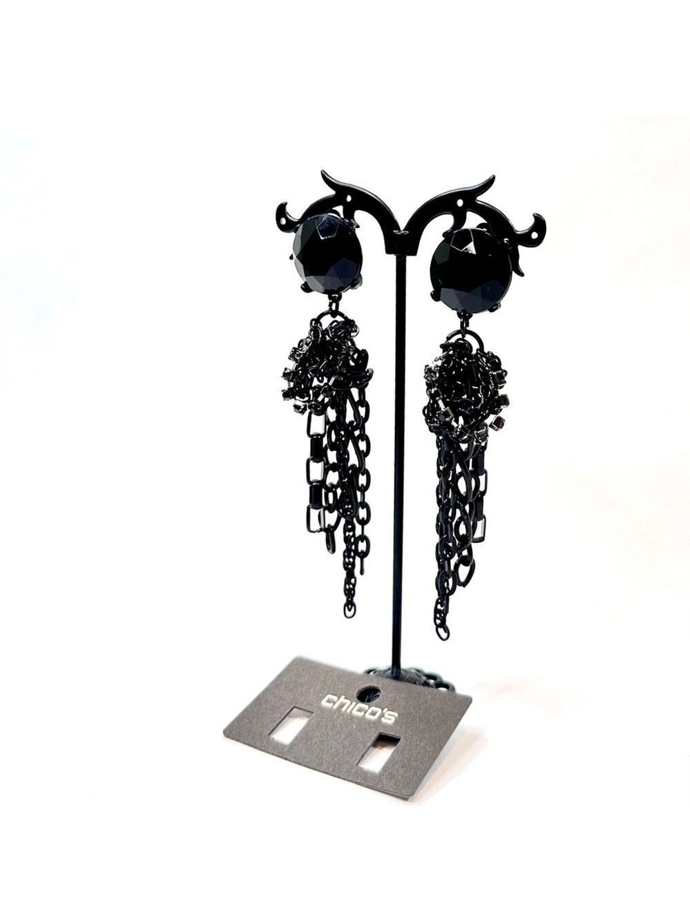 CHICO’s | NWT​ | Edgy Black Knotted Chain & Gemstone Clip Statement Earrings